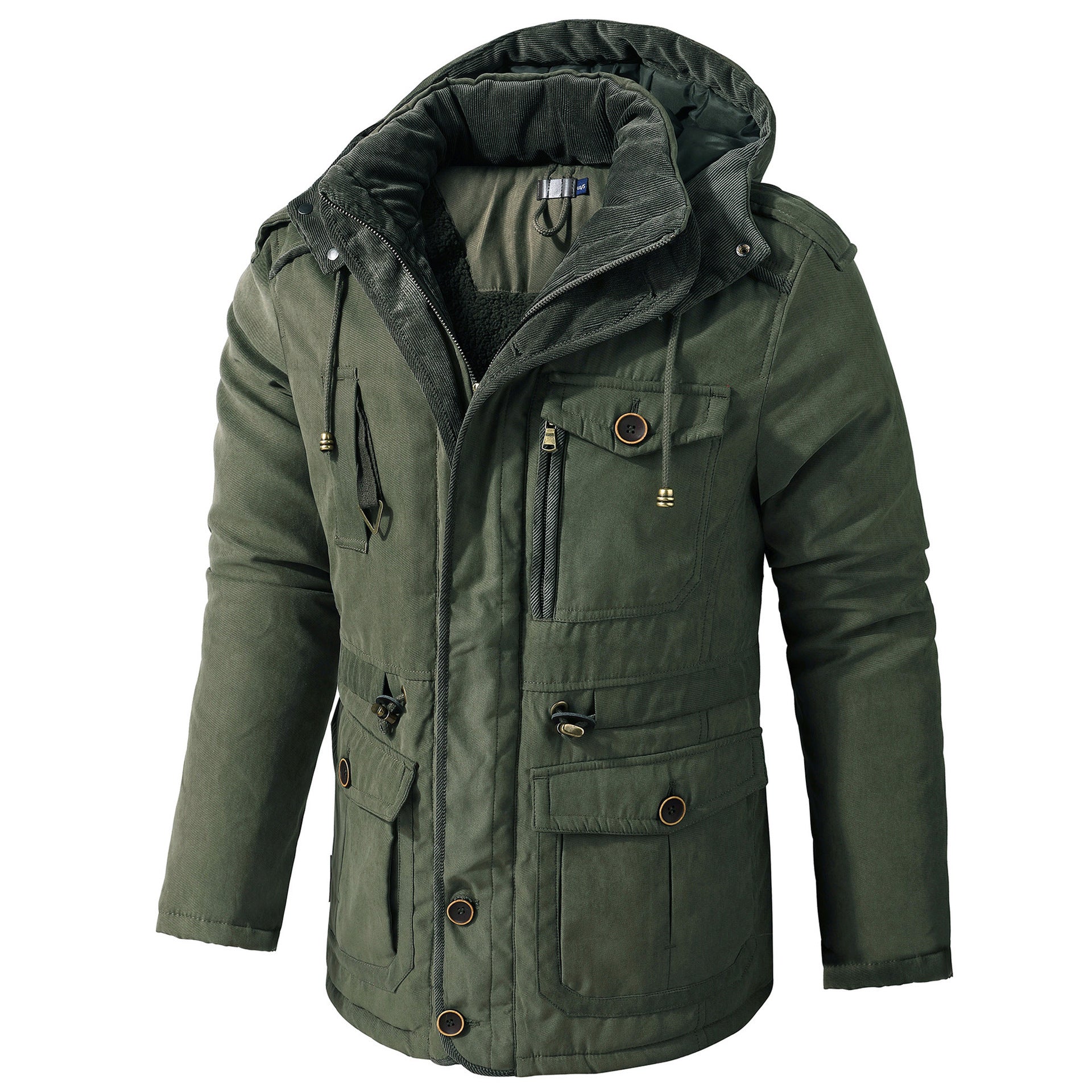 Green winter jacket with a hood on a white background